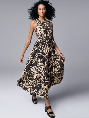 Simply Vera Vera Wang Black and Cream Leaf-Print Ruched Tiered Maxi Dress Sz 3X